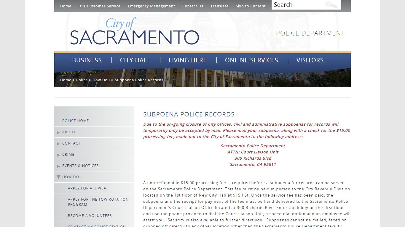 Subpoena Police Records - City of Sacramento